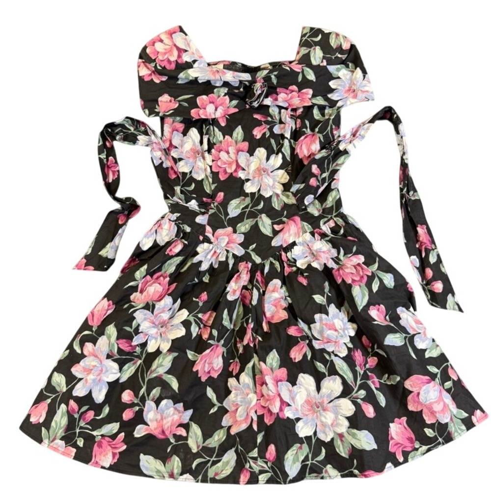Vintage Byer Too! Floral Bow Rosette Dress Black Pink Size 11 Made in USA 623 T